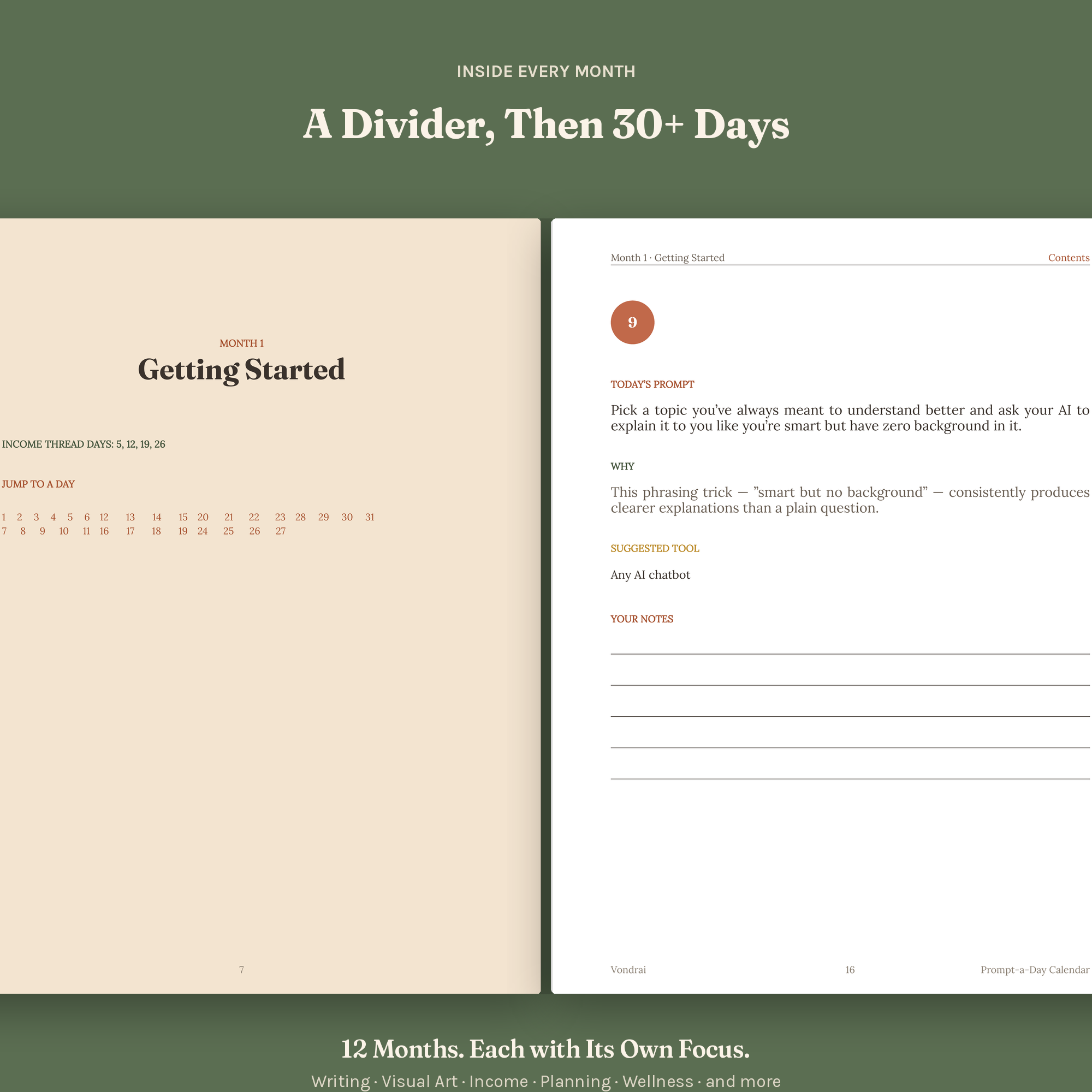 An interior spread showing a month divider page next to a daily prompt page